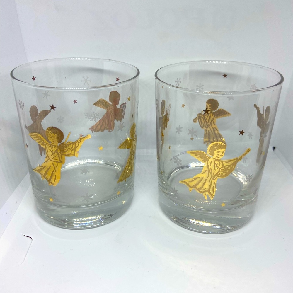 Vintage Culver’s 22k Gold Angels & Stars Christmas Glasses Set Of 2 Snowflakes